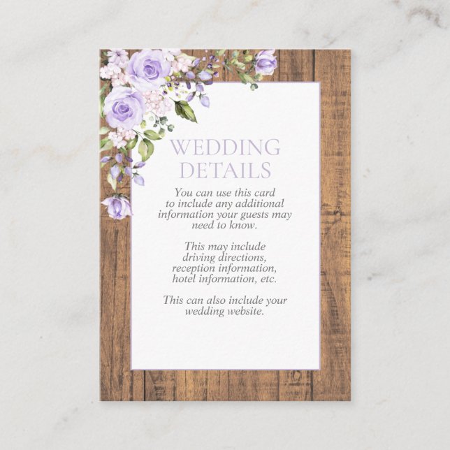 Elegant Lilac Lavender Rustic Lace Wedding Details Enclosure Card (Front)