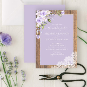 Elegant Lilac Lavender Rustic Wood Lace Wedding Invitation