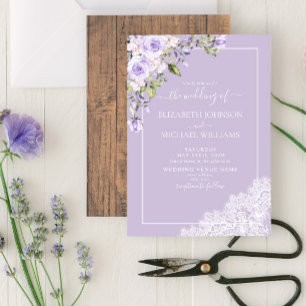 Elegant Lilac Lavender Rustic Wood Lace Wedding Invitation