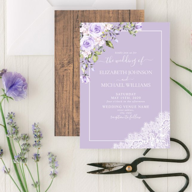 Elegant Lilac Lavender Rustic Wood Lace Wedding Invitation (Creator Uploaded)