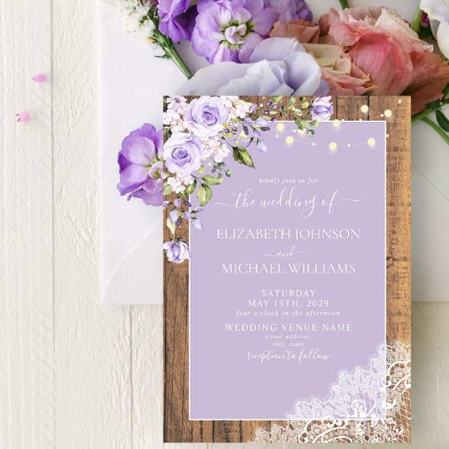 Elegant Lilac Lavender Rustic Wood Lace Wedding Invitation (Creator Uploaded)