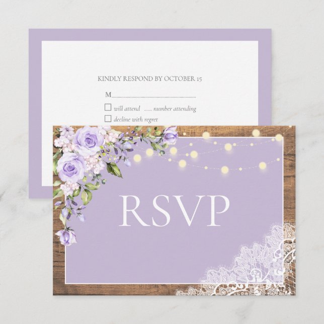 Elegant Lilac Lavender Rustic Wood Lace Wedding RSVP Card (Front/Back)