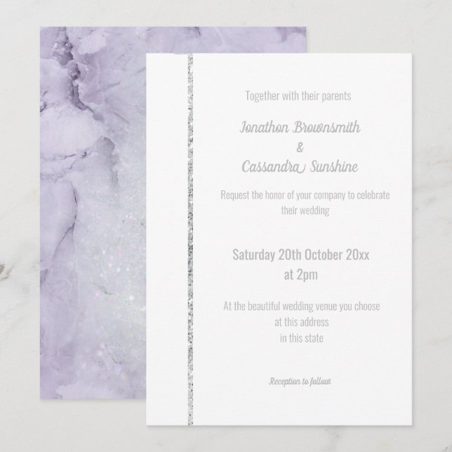 ELEGANT LILAC MARBLE SILVER SPARKLE WEDDING   INVITATION (Front/Back)