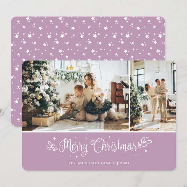 Elegant Lilac Modern 2 Photo Merry Christmas Card (Front/Back)