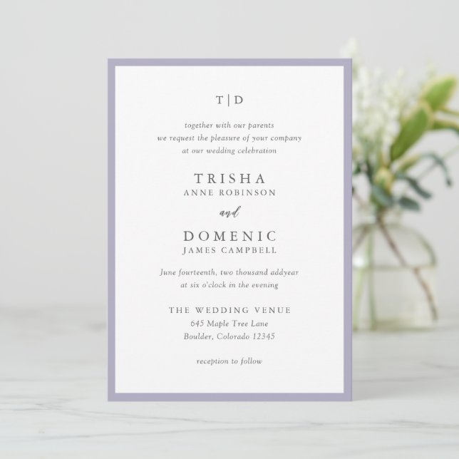 Elegant Lilac Monogram Modern Wedding Invitation (Standing Front)