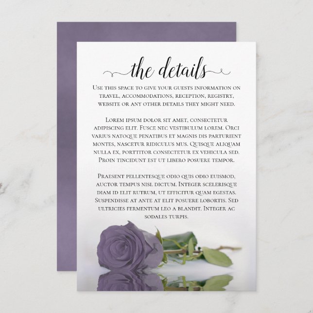 Elegant Lilac or Dusty Purple Rose Wedding Details Enclosure Card (Front/Back)