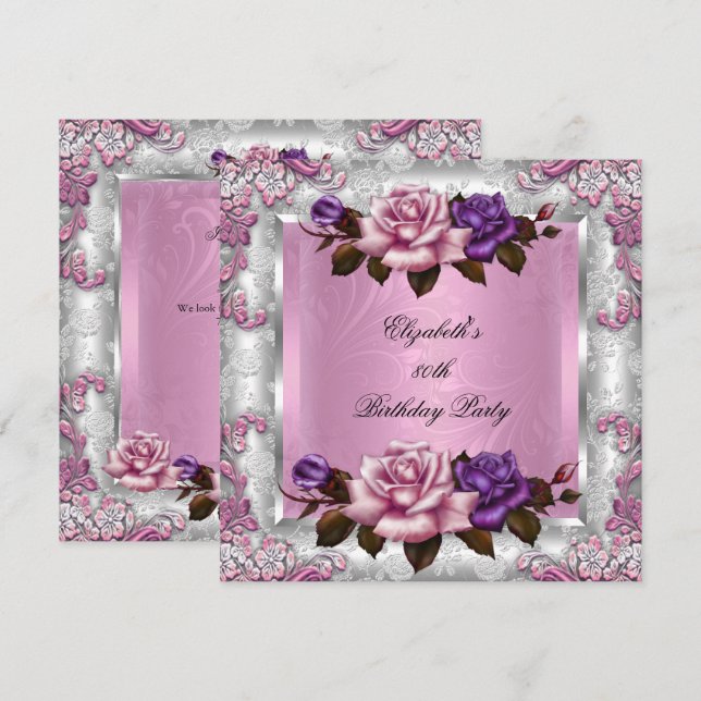 Elegant Lilac Pink Purple Roses Birthday Party Invitation (Front/Back)