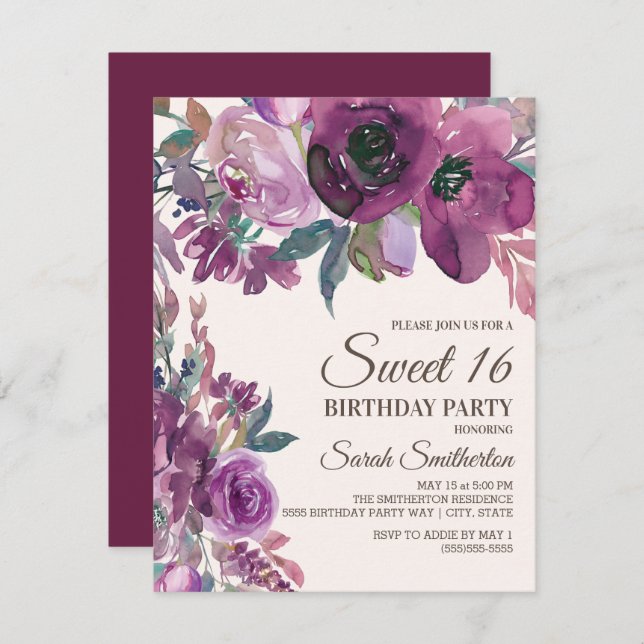 Elegant Lilac Plum Purple Floral Script Sweet 16 Invitation (Front/Back)