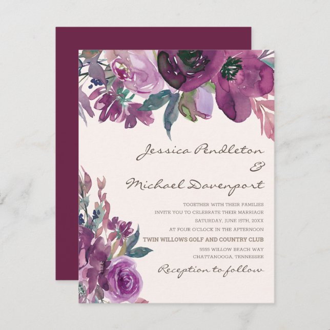 Elegant Lilac Plum Purple Floral Script Wedding Invitation (Front/Back)