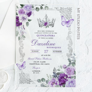 Elegant Lilac Purple Crown Quinceanera Acrylic Invitations