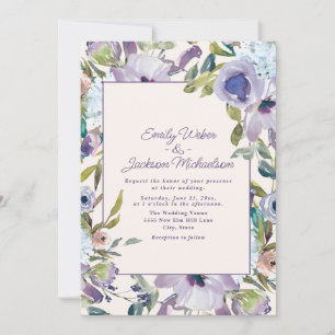 Elegant Lilac Purple Dusty Blue Floral Wedding Invitation