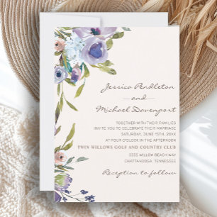 Elegant Lilac Purple Dusty Blue Floral Wedding Invitation