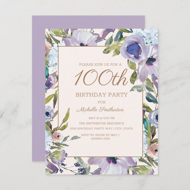 Elegant Lilac Purple Floral 100th Birthday Invitation (Front/Back)