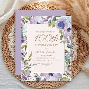 Elegant Lilac Purple Floral 100th Birthday Invitation