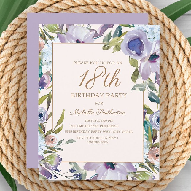 Elegant Lilac Purple Floral Greenery 18th Birthday Invitation (Creator Uploaded)