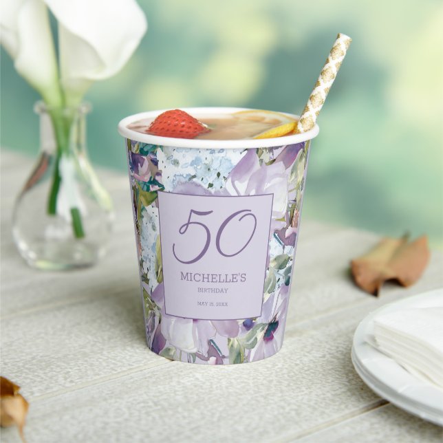 Elegant Lilac Purple Floral Greenery 50th Birthday Paper Cups (Insitu)