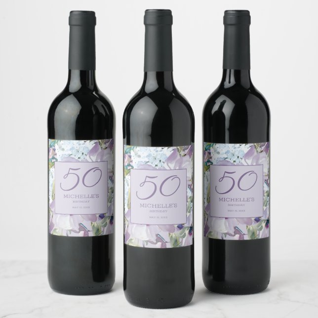 Elegant Lilac Purple Floral Greenery 50th Birthday Wine Label (Bottles)