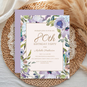 Elegant Lilac Purple Floral Greenery 80th Birthday Invitation