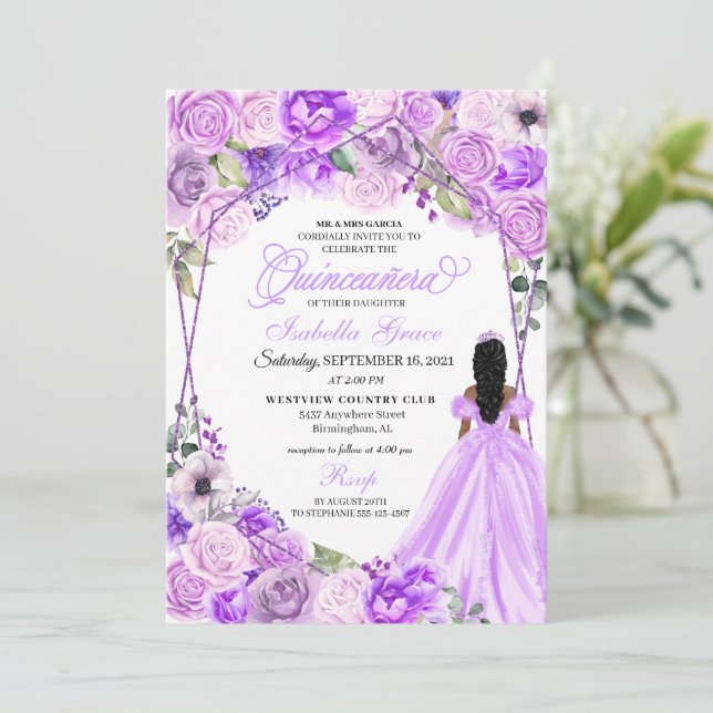 Elegant Lilac Purple Floral Quinceanera Invitation (Standing Front)