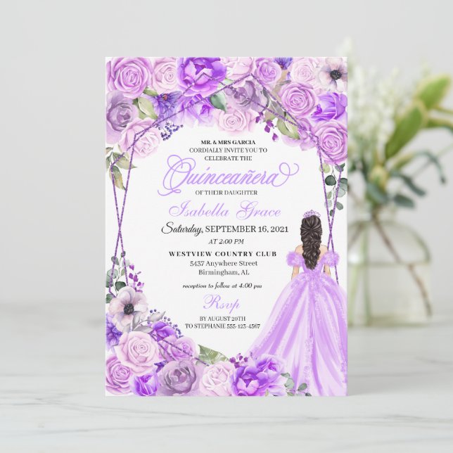 Elegant Lilac Purple Floral Quinceanera Invitation (Standing Front)