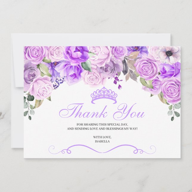 Elegant Lilac Purple Floral Quinceanera Thank You  (Front)