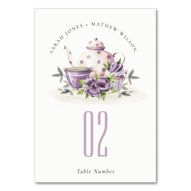 Elegant Lilac Purple floral Teapot Cup Wedding Table Number (Front)