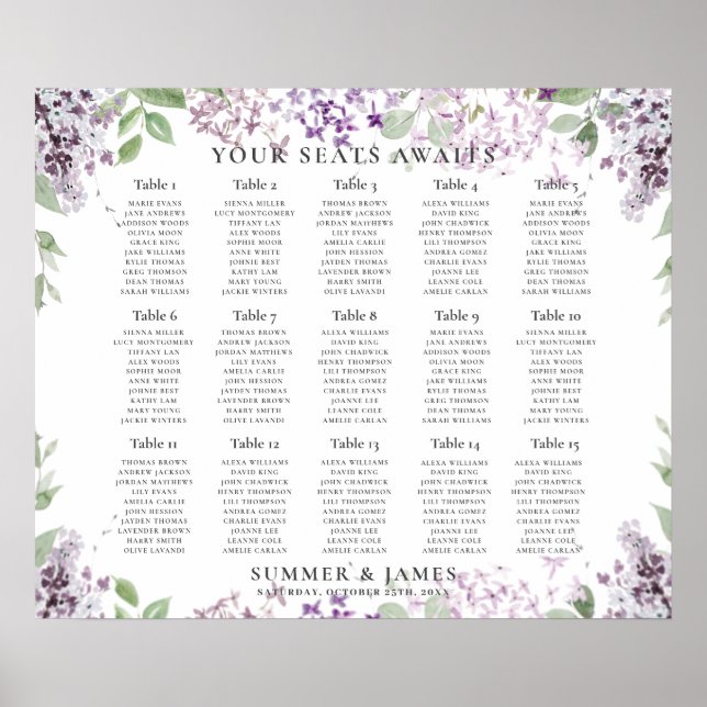Elegant Lilac Purple Floral Wedding Seating Chart (Front)