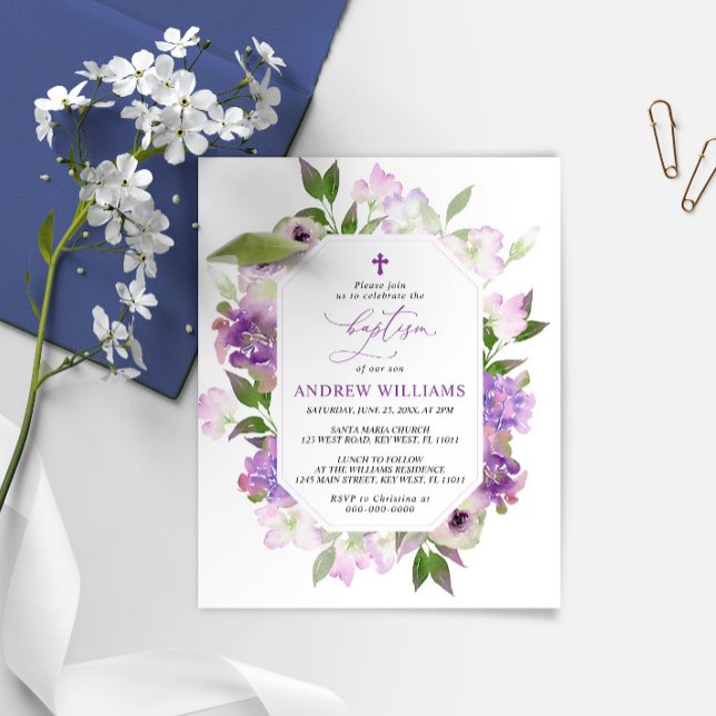Elegant Lilac Purple Flowers Baptism Invitation (Creator Uploaded)