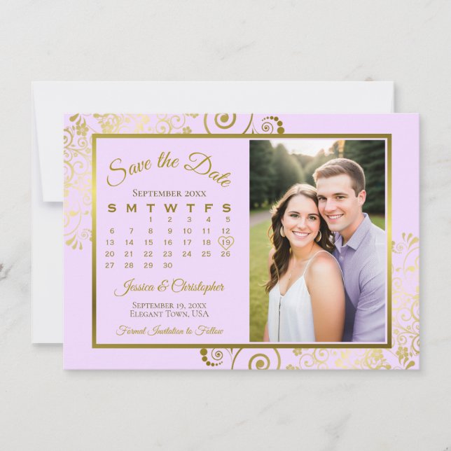 Elegant Lilac Purple & Gold Calendar Photo Wedding Save The Date (Front)