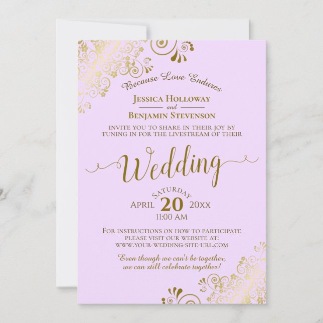 Elegant Lilac Purple Gold Lace Wedding Livestream Invitation (Front)