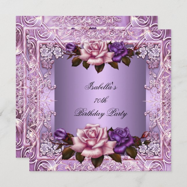 Elegant Lilac Purple Pink Rose 70th Birthday Party Invitation (Front/Back)