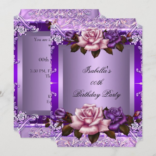 Elegant Lilac Purple Pink Rose Birthday Party 2 Invitation (Front/Back)