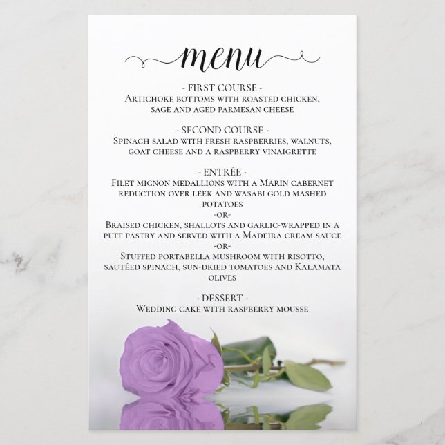 Elegant Lilac Purple Rose Budget Wedding Menu (Front)