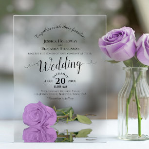 Elegant Lilac Purple Rose Lacy Calligraphy Wedding Acrylic Invitations