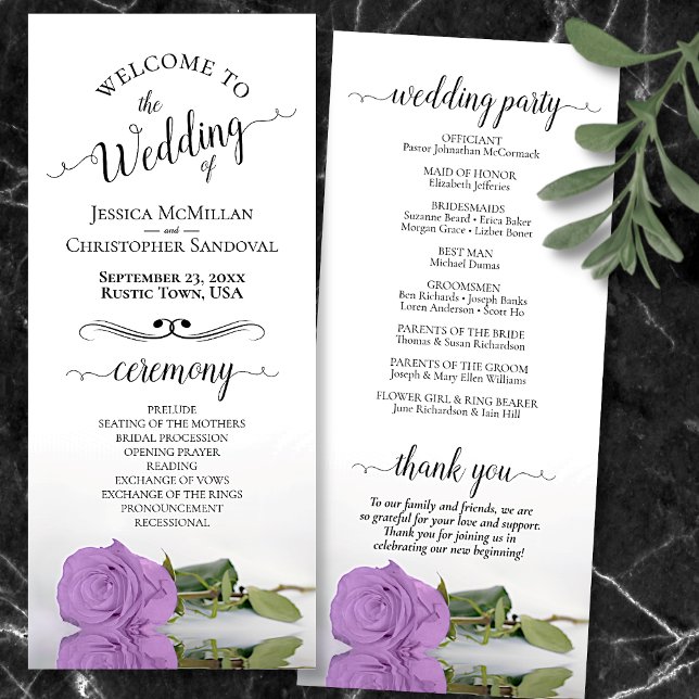 Elegant Lilac Purple Rose Romantic Wedding Program (Front and Back)