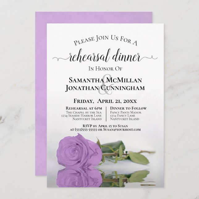 Elegant Lilac Purple Rose Wedding Rehearsal Dinner Invitation (Front/Back)