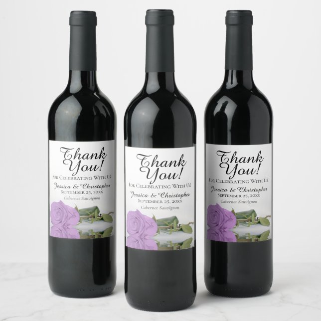 Elegant Lilac Purple Rose Wedding Thank You Wine Label (Bottles)
