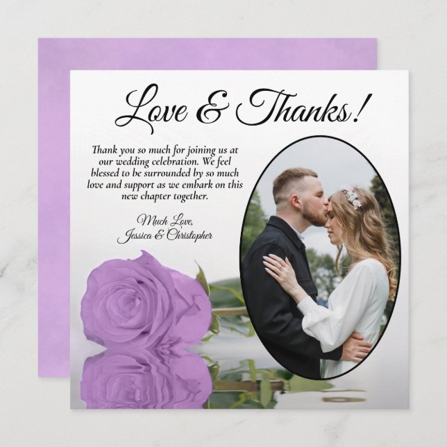 Elegant Lilac Purple Rose with Oval Photo Wedding Thank You Card (Front/Back)