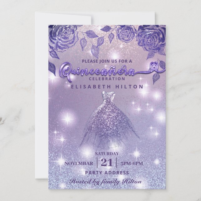 Elegant Lilac roses modern Glitter dress Invitation (Front)