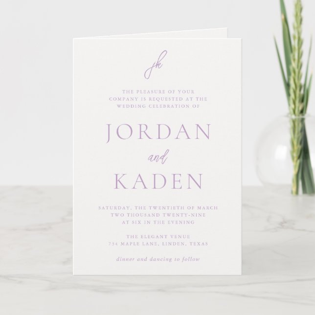 Elegant Lilac Script Monogram Wedding Invitation (Front)