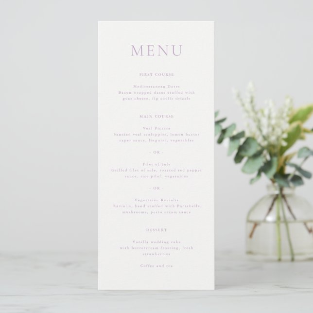 Elegant Lilac Script Monogram Wedding Menu (Standing Front)