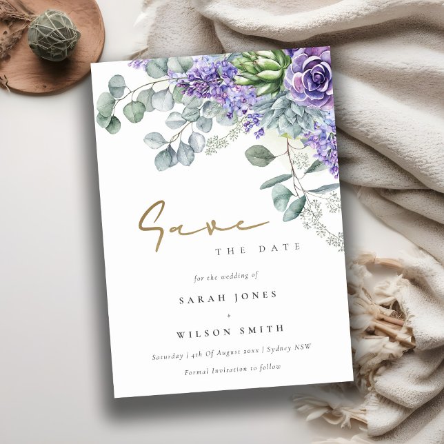 Elegant Lilac Succulent Eucalyptus Botanical Bunch Save The Date (Creator Uploaded)