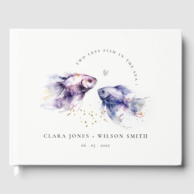 Elegant Lilac Watercolor Coastal Fish Wedding Guest Book (Front)