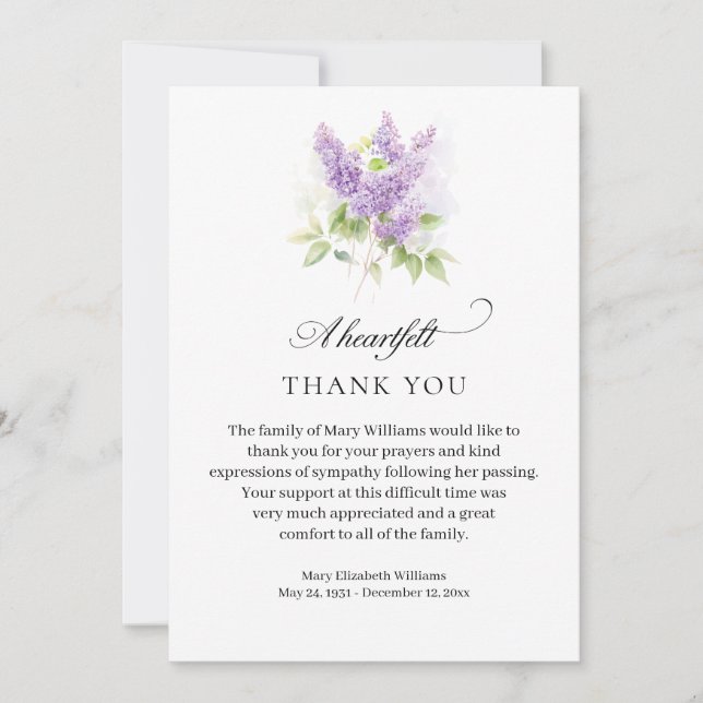 Elegant Lilac Watercolor Floral Funeral Thank You Card (Front)