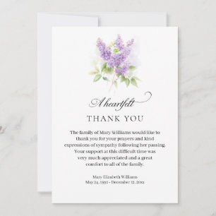 Elegant Lilac Watercolor Floral Funeral Thank You Card
