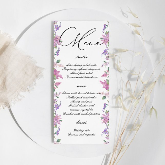 Elegant Lilac Watercolor Flowers Wedding  Menu (Creator Uploaded)