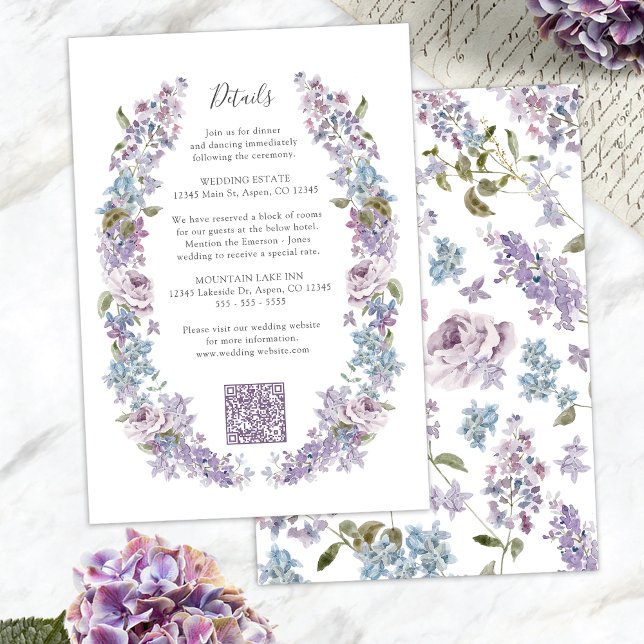 Elegant Lilac Wedding Enclosure Card (Elegant Lilac Floral Wedding Details Enclosure Card with QR Code by Painted Paperie
)