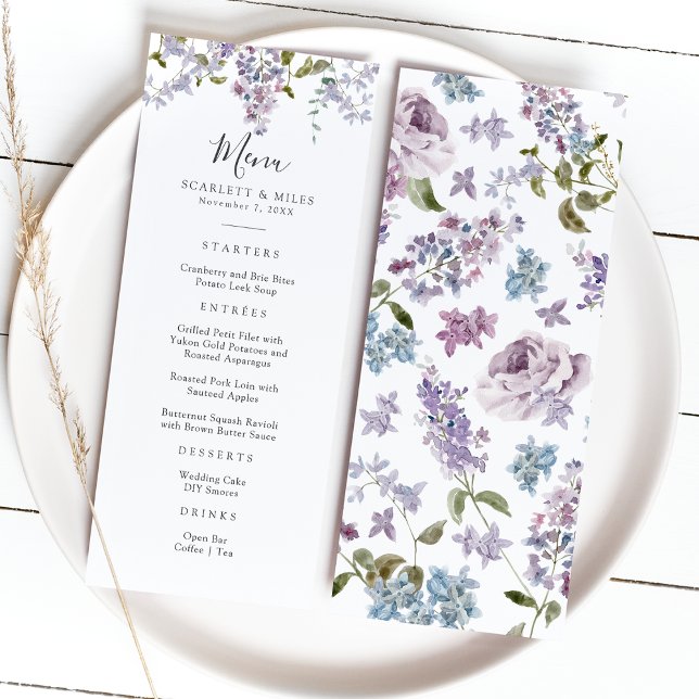 Elegant Lilac Wedding Menu (Elegant Watercolor Lilac Floral Wedding Menu by Painted Paperie
)
