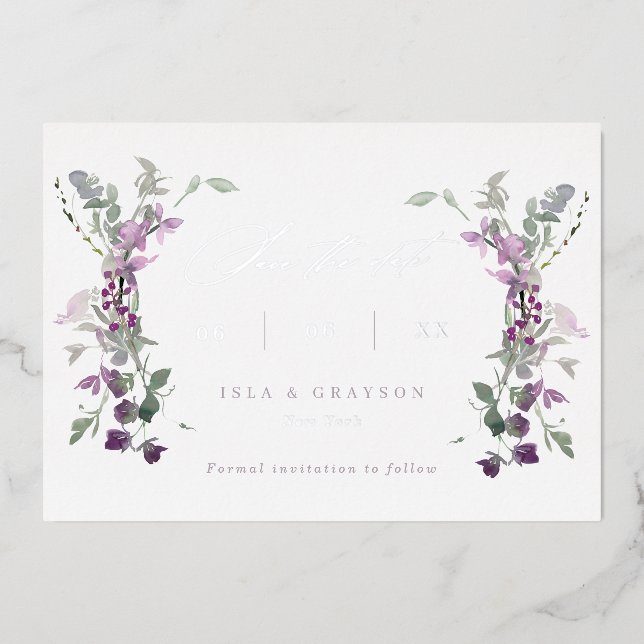 Elegant Lilac Wildflowers Wedding Save The Date (Front)