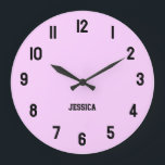 Elegant Lilac with Black Numbers Personised Large Clock<br><div class="desc">You can customise the lilac background colour with personalised sport text to create your own wall clock gift. This girly modern solid lilac colour will be perfect as personised gift.</div>